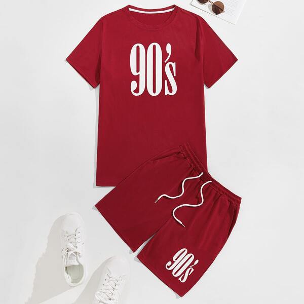 

Men Letter Graphic Tee With Track Shorts, Burgundy