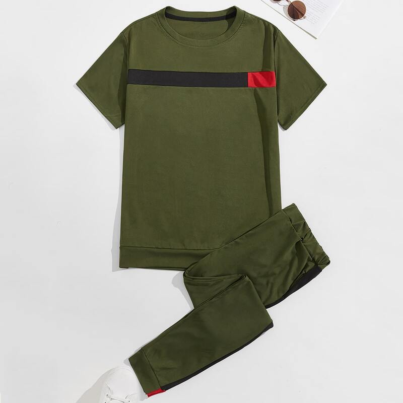 

Guys Contrast Panel Tee & Joggers Set, Army green