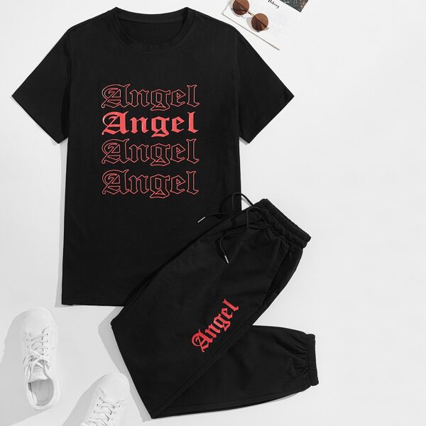 

Men Letter Graphic Tee & Drawstring Waist Sweatpants, Black