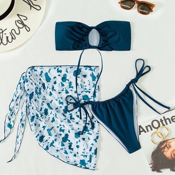 

3pack Bandeau Thong Bikini Swimsuit & Beach Skirt, Teal blue