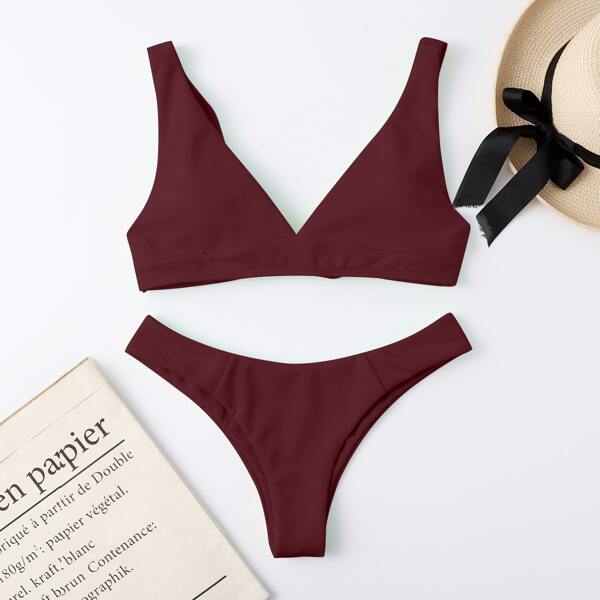 

Plain Knot Back Bikini Swimsuit, Maroon