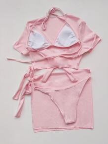 SHEIN Swim Conjunto de bikini acanalado, sujetador triangular, bottom de tanga, parte superior para cubrir y pareo, traje de baño de 4 piezas