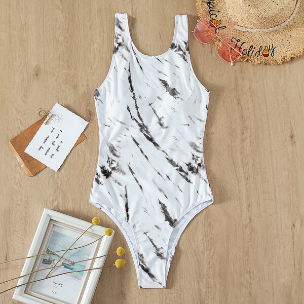 

Tie Dye One Piece Swimsuit, Black and white