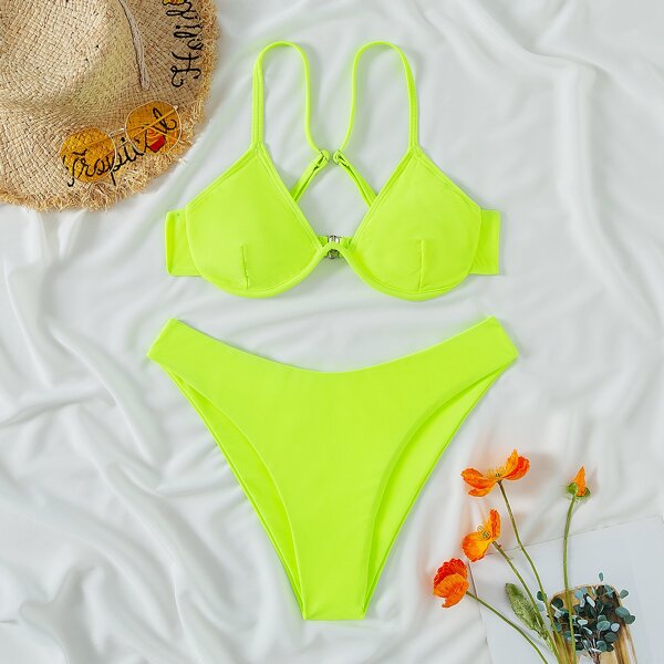 

Solid Underwire Bikini Swimsuit, Lime green