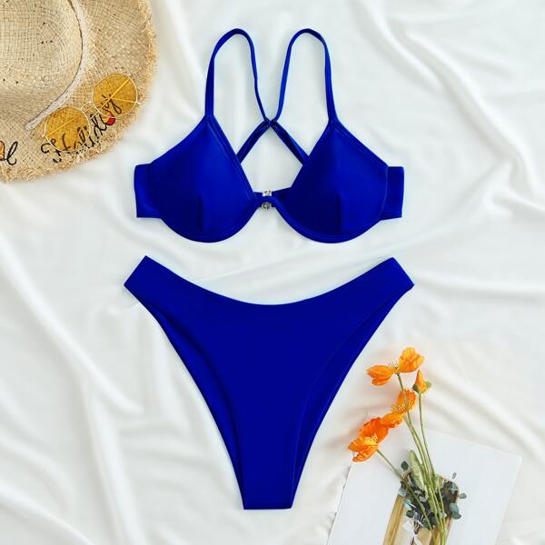 

Solid Underwire Bikini Swimsuit, Royal blue