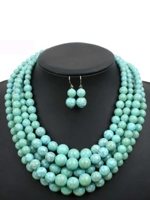 Beaded Layered Necklace & Drop Earrings - Green - View 1