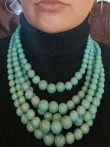 Beaded Layered Necklace & Drop Earrings - Green - View 2