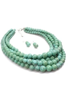 Beaded Layered Necklace & Drop Earrings - Green - View 4