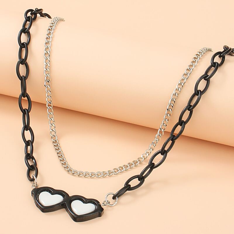 

Heart Decor Layered Chain Necklace, Black and white