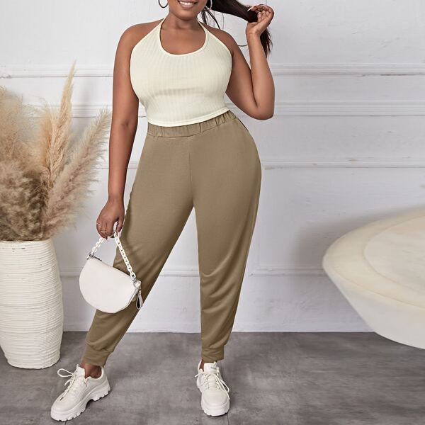 

Plus Tie Back Halter Top & Sweatpants, Multicolor