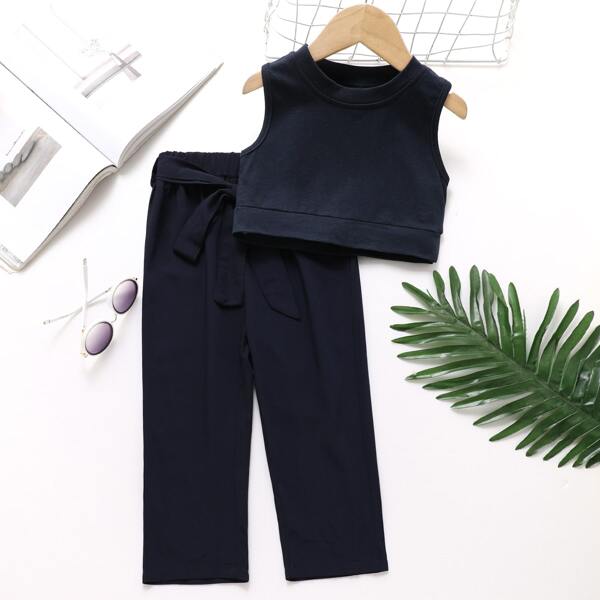 

Toddler Girls Tank Top & Belted Pants, Navy blue