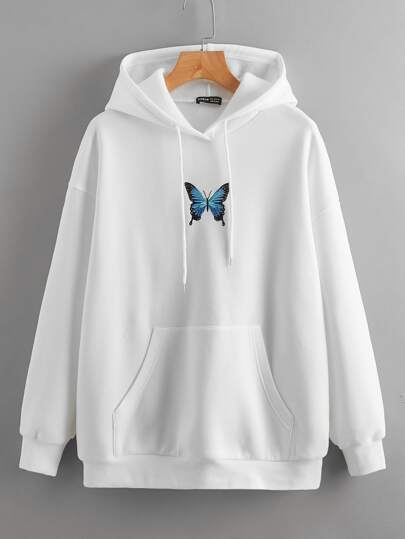 Butterfly Embroidery Kangaroo Pocket Drawstring Hoodie