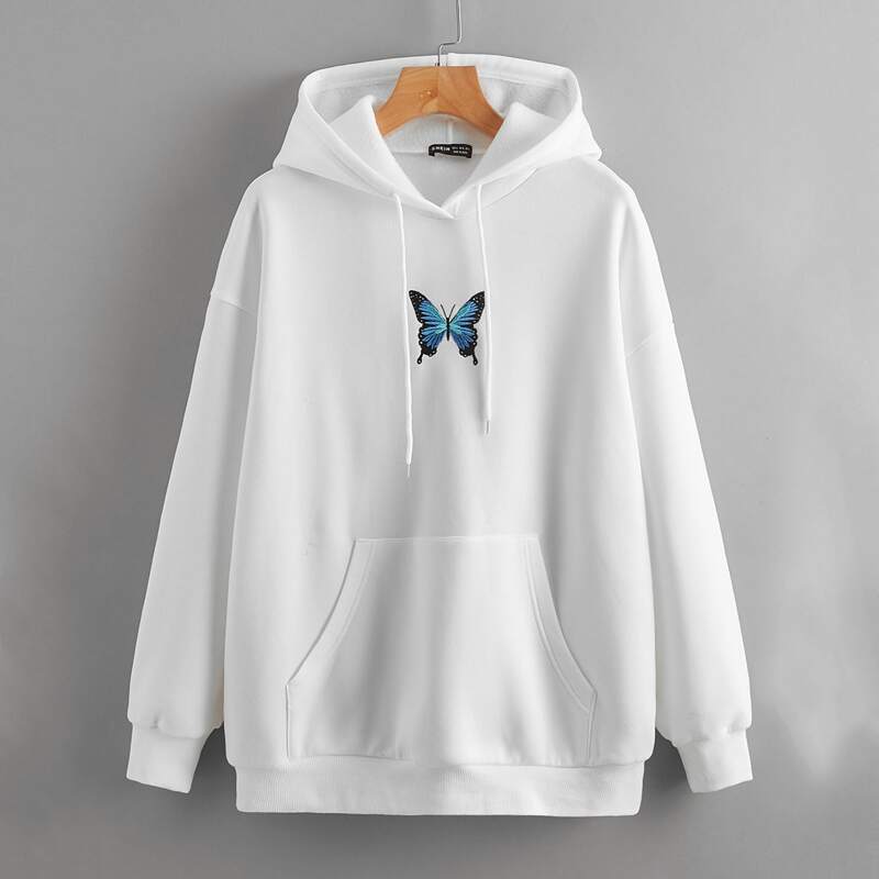 

Butterfly Embroidery Kangaroo Pocket Drawstring Hoodie, White
