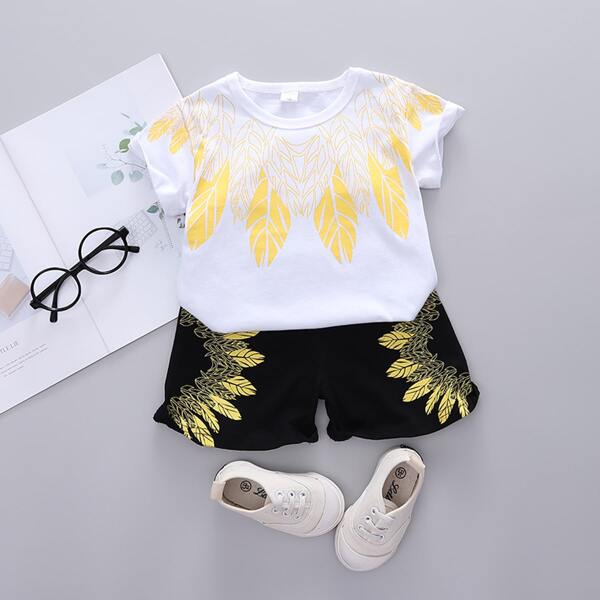 

Toddler Boys Leaves Print Tee With Shorts, Black and white