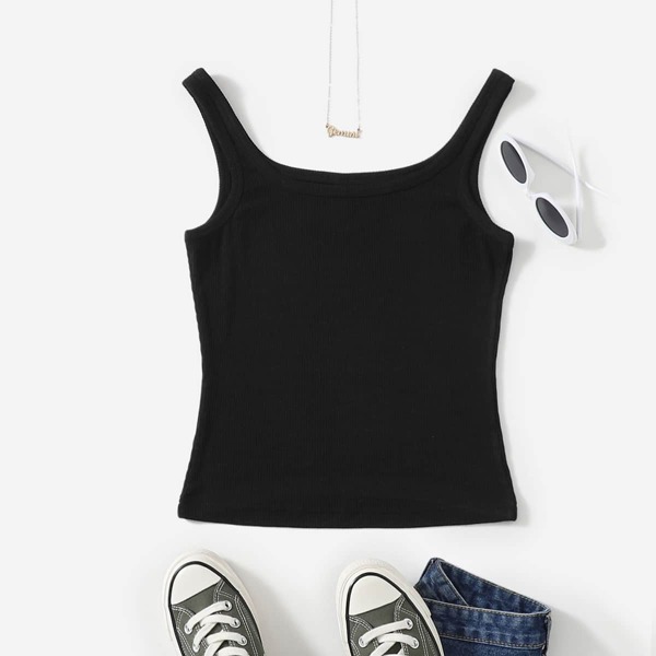 

Solid Rib-knit Cami Top, Black