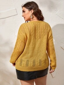 Calvaya Plus Drop Shoulder Pointelle Knit Sweater - Mustard Yellow - View 2