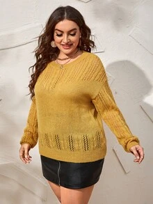 Calvaya Plus Drop Shoulder Pointelle Knit Sweater - Mustard Yellow - View 5