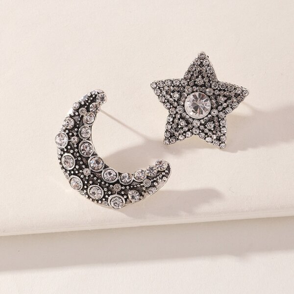 

Rhinestone Star & Moon Design Stud Earrings, Antique silver
