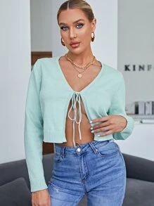 SHEIN 前繫帶素色開襟衫 - 薄荷綠 - 查看 1