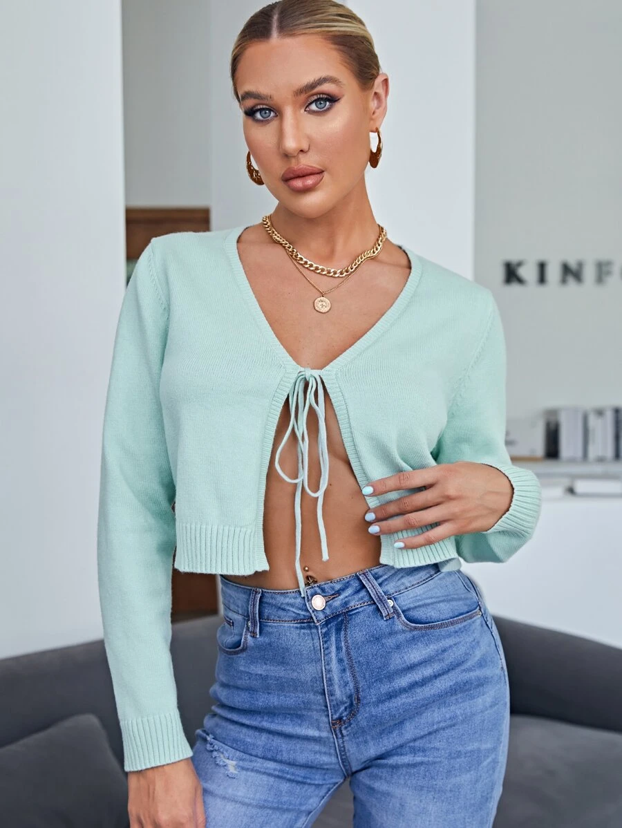 SHEIN 前繫帶素色開襟衫 - 薄荷綠 - 查看 1