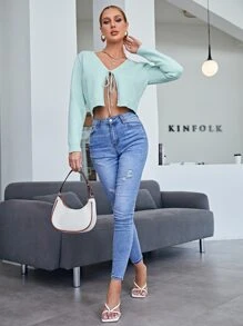 SHEIN 前繫帶素色開襟衫 - 薄荷綠 - 查看 3