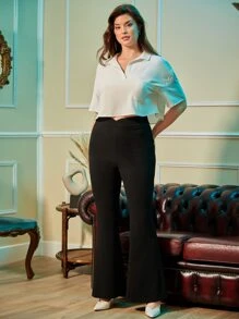 SHEIN Privé Plus Solid Flare Leg Trousers - Black - View 6