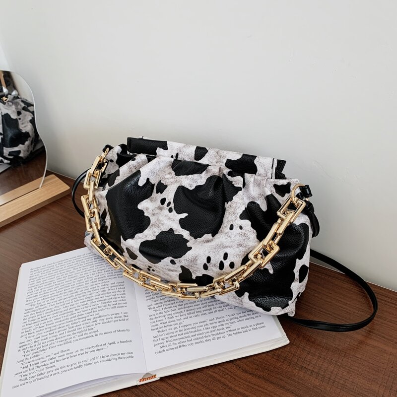 

Cow Print Shoulder Bag, Black and white