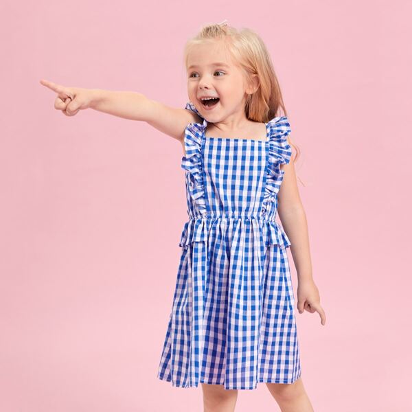 

Toddler Girls Gingham Print Ruffle Trim Dress, Blue