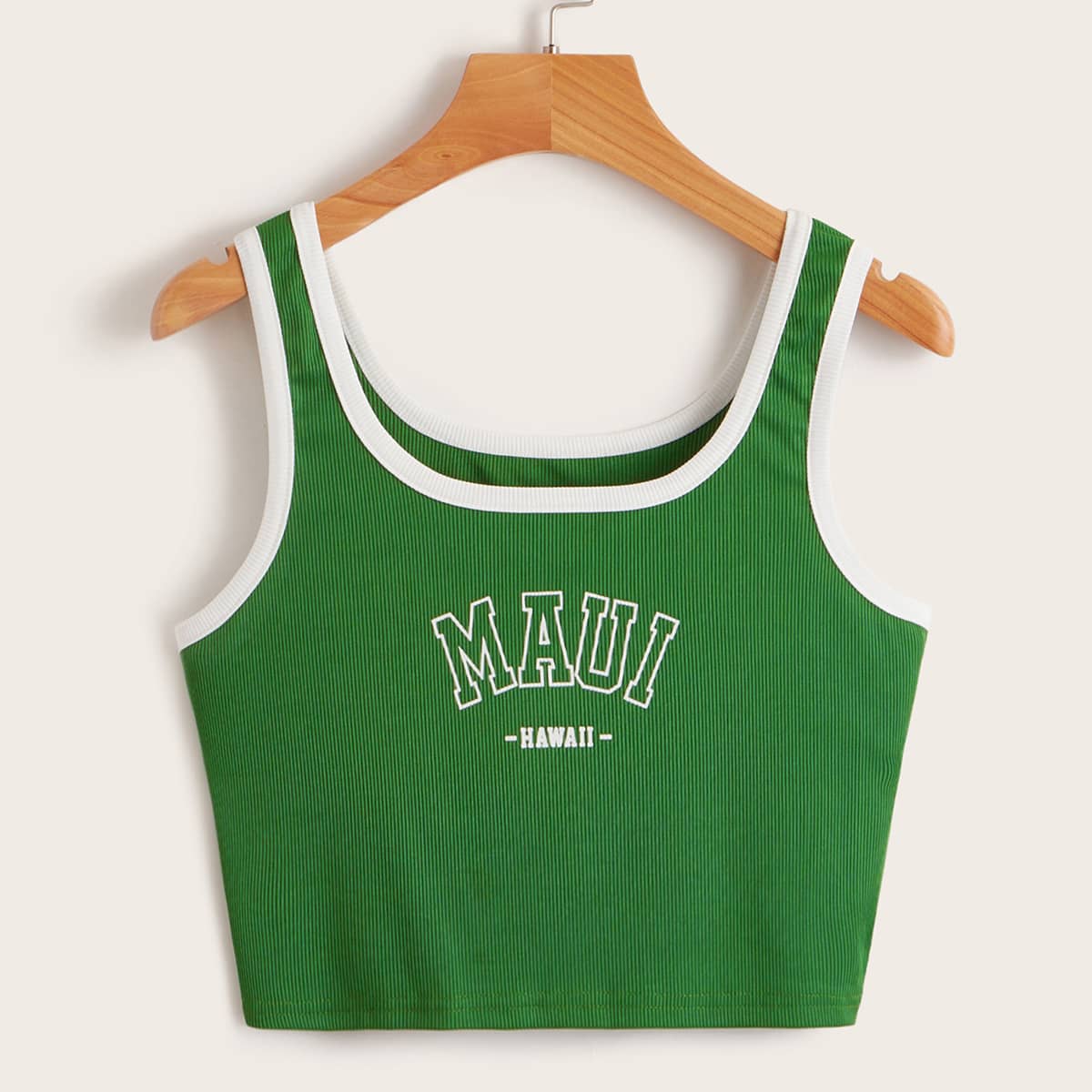 

Letter Graphic Contrast Binding Tank Top, Green