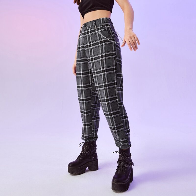 

Plaid Print Pants With Chain, Dark grey