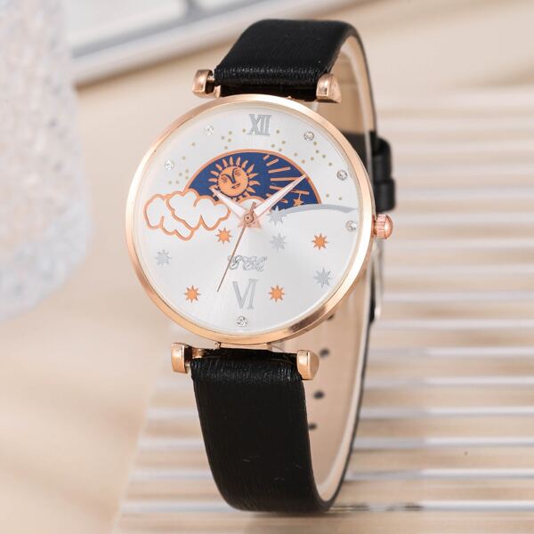 

Rhinestone Decor Round Pointer Quartz Watch