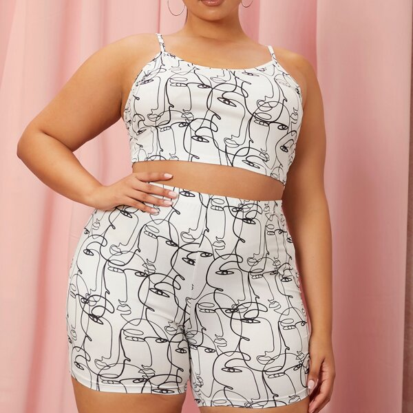

Plus Figure Graphic Cami Top And Biker Shorts Set, Black and white