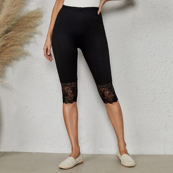 

Solid Contrast Lace Leggings, Black