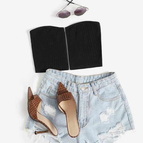 

Zipper Detail Tube Top, Black