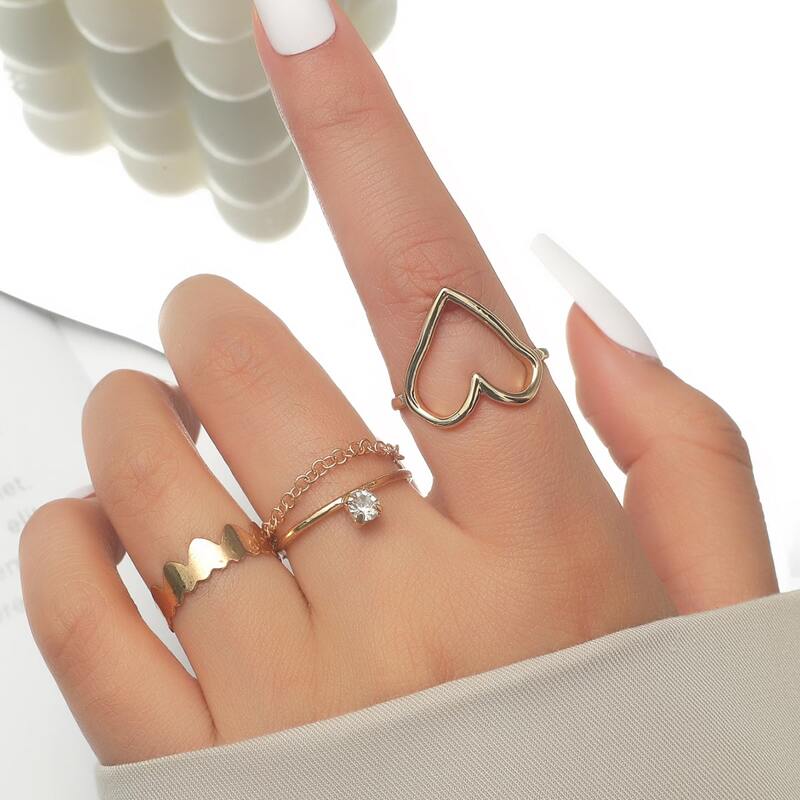 

3pcs Heart Decor Ring, Gold