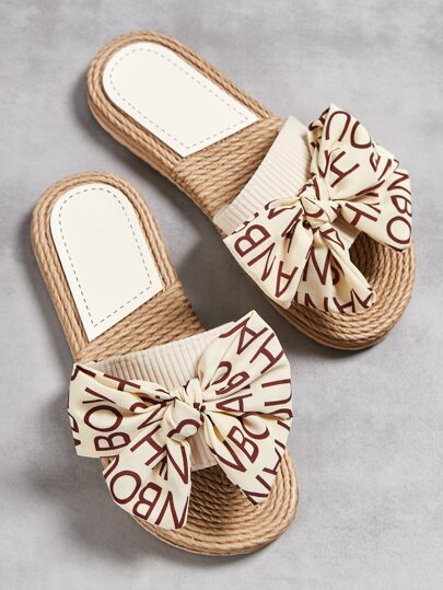 Ciabatte espadrillas con fiocco bicolore, sandali piatti da donna di colore unito con fiocco color beige, stile romano per San Valentino
