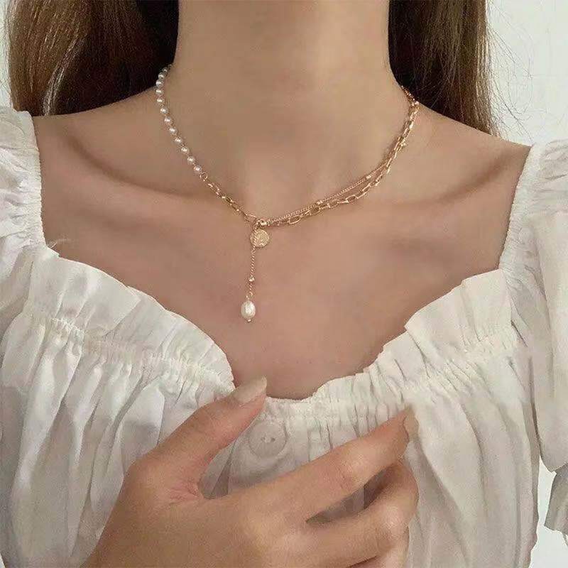 

Faux Pearl Chain Necklace, Gold