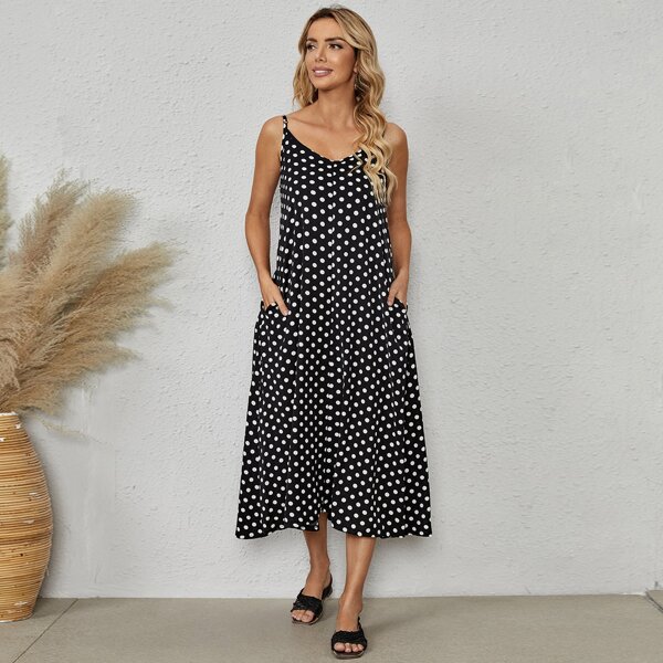 

Dual Pocket Polka Dot Print Cami Dress, Black