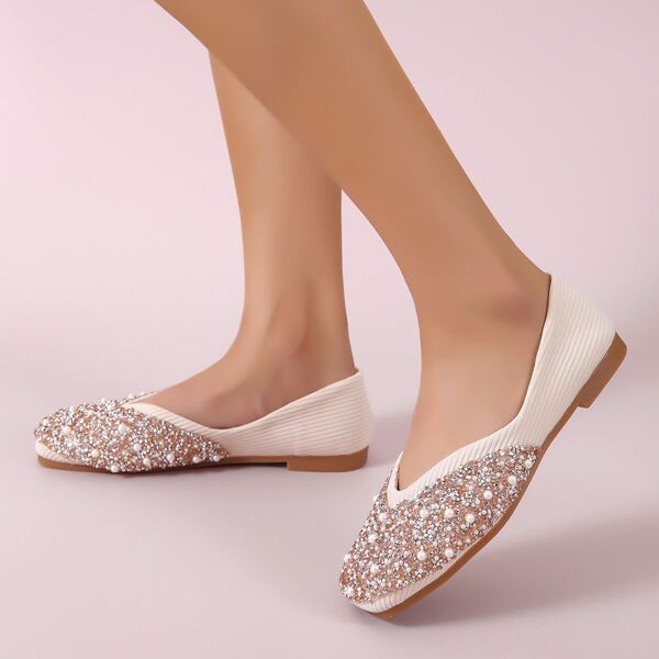 

Square Toe Glitter Ballet Flats, Beige