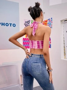 SHEIN Unity 紮染前繫帶掛脖上衣 - 粉色 - 查看 2