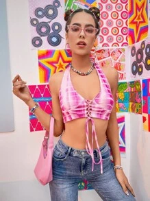 SHEIN Unity 紮染前繫帶掛脖上衣 - 粉色 - 查看 6