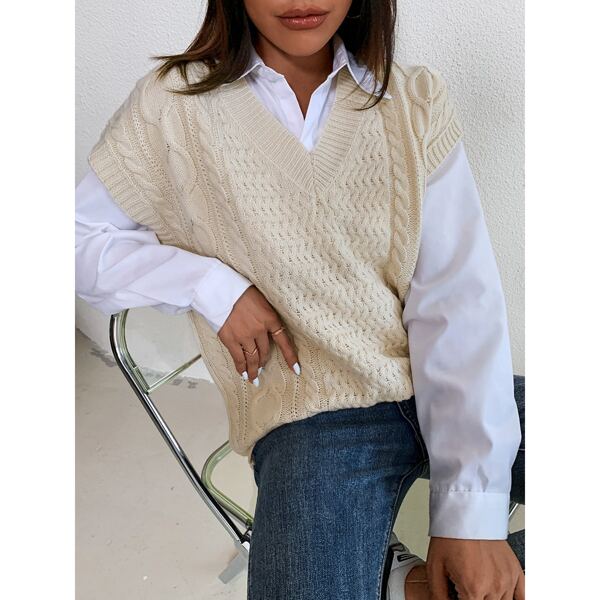 

Solid Cable Knit Sweater Vest, Beige