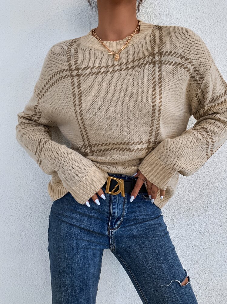 SHEIN Essnce 格紋圖案落肩袖套頭毛衣 - 卡其色 - 查看 3