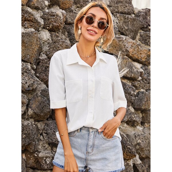 

Dual Pockets Button Up Blouse, Beige