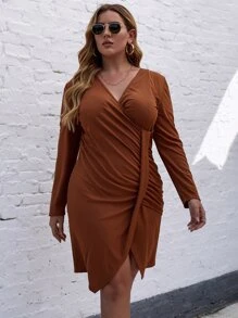 Calvaya Plus Ruched Overlap Collar Wrap Fitted Dress