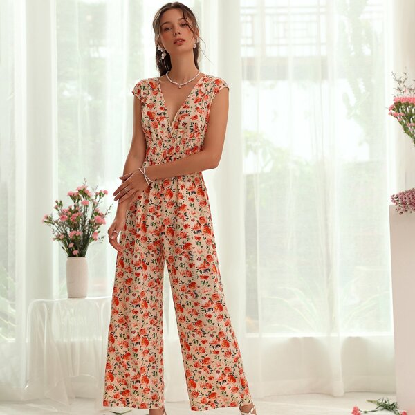 

Floral Print Shirred Waist Wide Leg Jumpsuit, Multicolor
