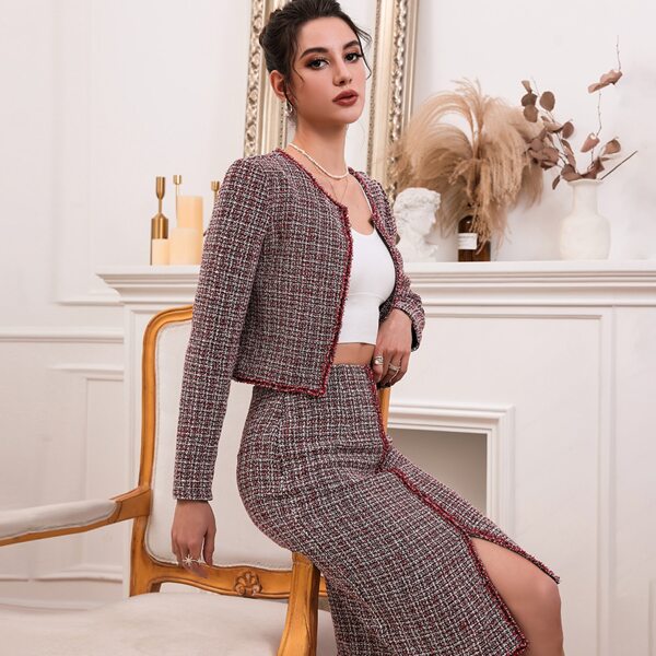 

Raw Cut Open Front Plaid Tweed Jacket & Split Hem Skirt, Multicolor