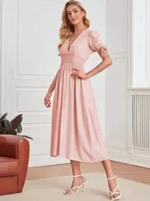 Button Front Tie Cuff Shirred Waist Dress - Baby Pink - View 1