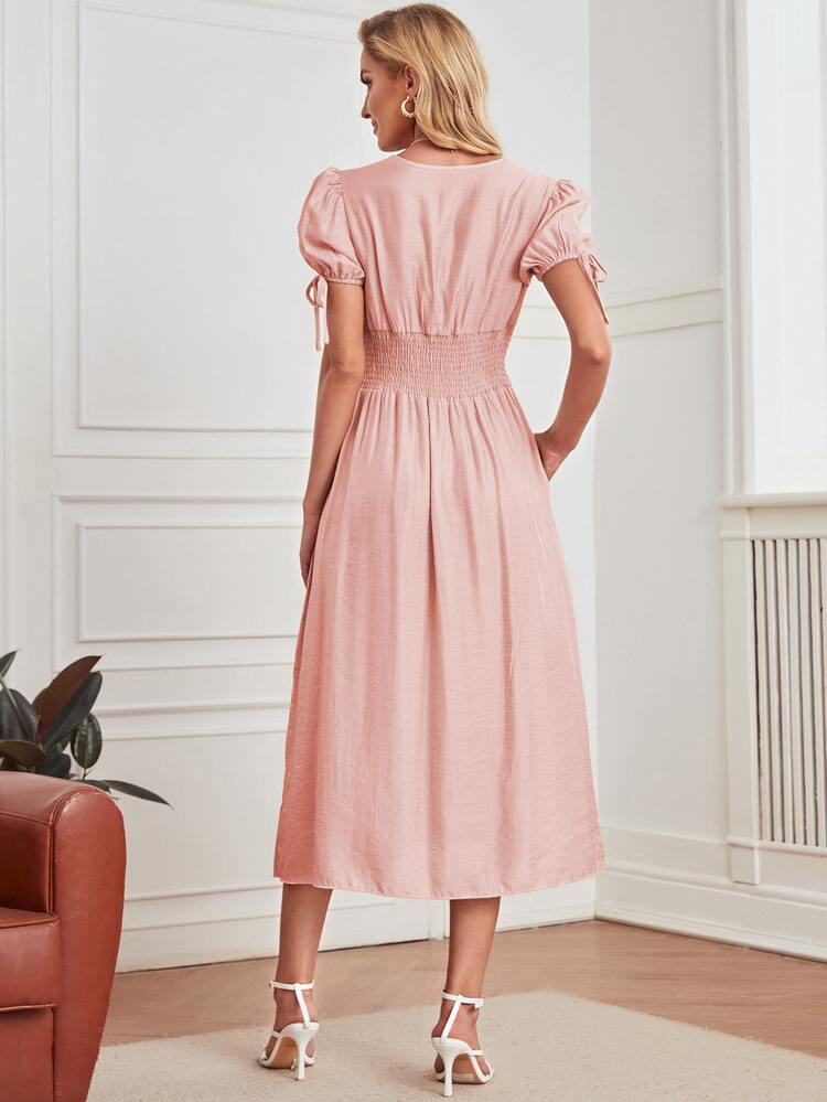 Vestido de cintura con fruncido de puño con cordón con botón delantero - Rosa Pálido - Añade 2