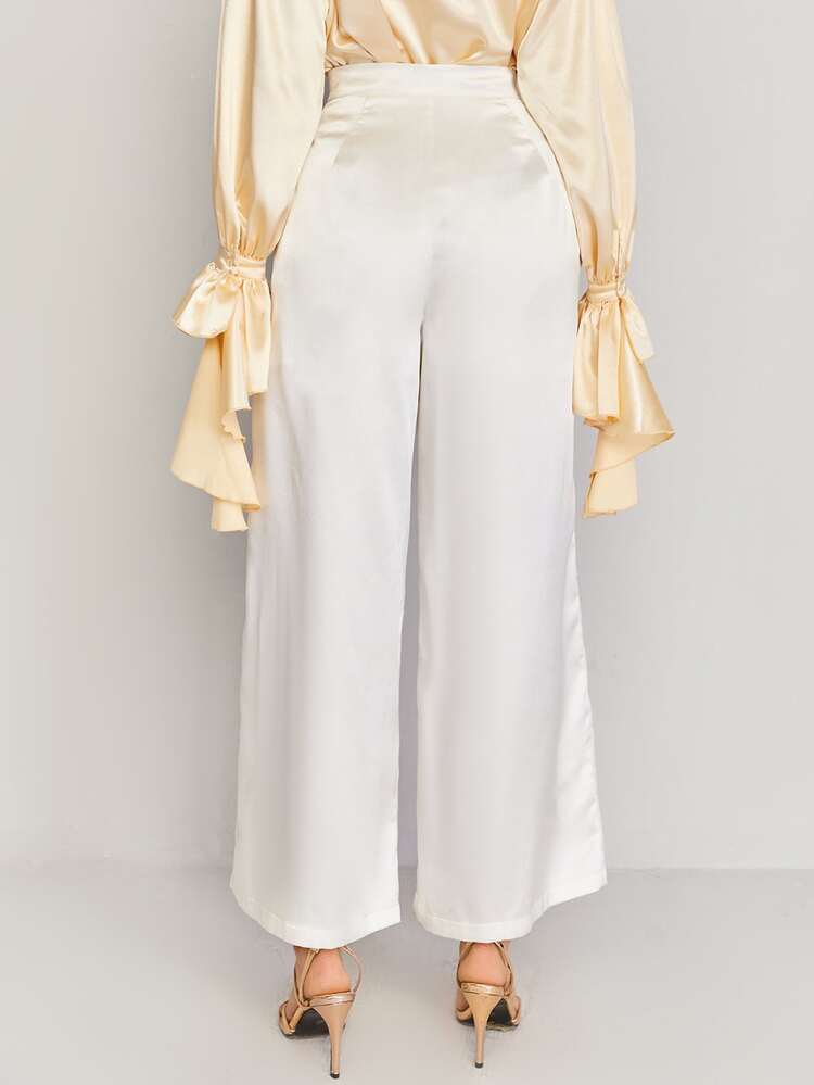 SHEIN Wide Leg Satin Trousers - White - View 2